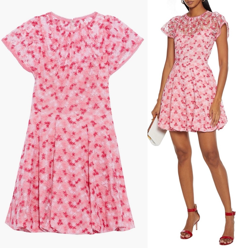 ML Monique Lhuillier Gathered Embroidered Tulle Mini Dress Pink Floral Fit Flare - Picture 3 of 15